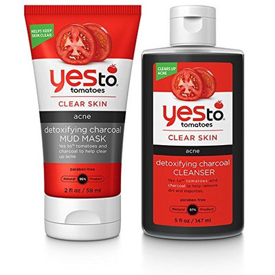 Yes to Tomatoes Detoxifying Charcoal Mud Mask and Detoxifying Charcoal Cleanser Bundle with Charcoal Powder, Tomato Leaf Extract, and Gingko Biloba Leaf Extract, 2 fl. oz. and 5 fl. oz. each