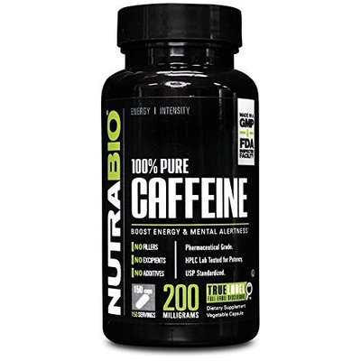 NutraBio 100% Pure Caffeine (200mg) - 150 Vegetable Capsules