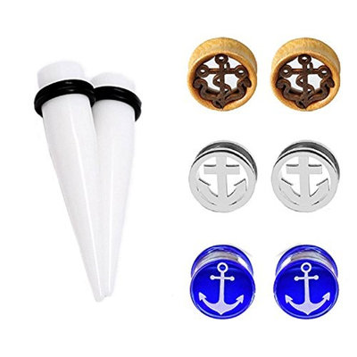 BodyJ4You 8PCS Ear Gauges 16mm Plugs Set Stainless Steel and Glass Double Flared Anchor Tunnels Kit 5/8'