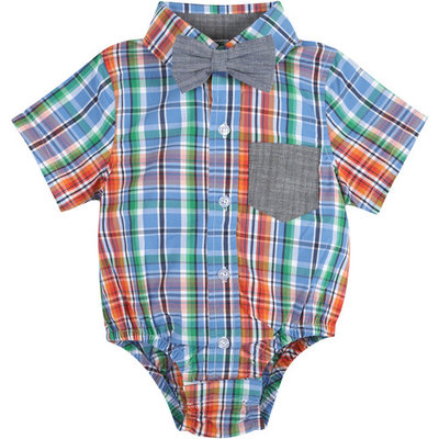 born Baby Boys' Blue and Orang Plaid Shirt Bodysuit with Chambray Bowtie