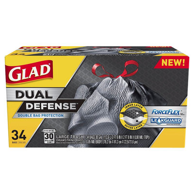 Glad Dual Defense Drawstring Large Trash Bags, 30 gal, 34 ct, Black