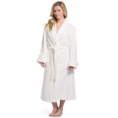 Fishers Finery Women's Resort / Spa Style Bamboo Viscose/Cotton Terry Robe; Full Length with Rolled Cuff-S/M / White
