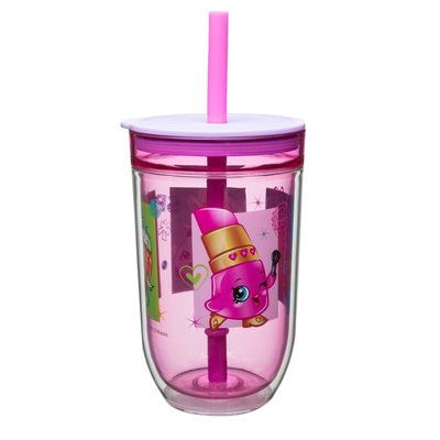 Shopkins 15oz Double-Wall Tumbler with Straw, Pink