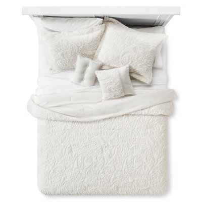 Embroidered Long Fur Coverlet Set (Queen) 5-Piece - Ivory