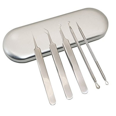 Pinkiou Acne Needle Kit Curved Blackhead Remover Tweezers for Blemish Dermatologist Grade Nose Pimple Comedone Extractor Tool Set with Silver Metal Case (5pcs a pack)