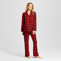 Evergreen Women's Notched Collar pajama Sets - Red Plaid S