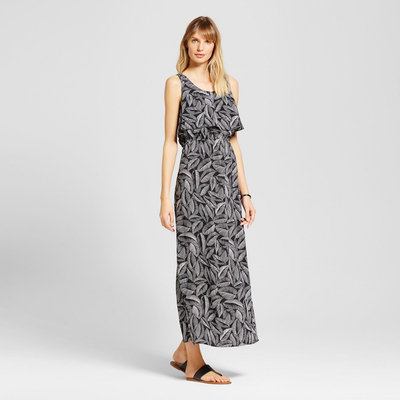 Women's Palm Print Challis Flounce Maxi Dress Black/Fresh White M - Merona