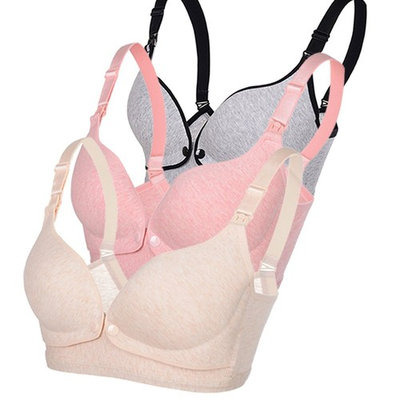 Women's Cotton Maternity Nursing Bra Front Button Breastfeeding Bras 3 Pack by Guiyan (L - Gray/Red/Nude)