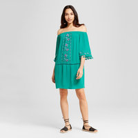 Women's Off the Shoulder Fringe Dress Teal (Blue) L - Xhilaration (Juniors')