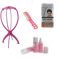 CXYP Portable Folding 1Pc Wig Stands/Wig Holder, 1pcs Mesh Hairnet Cap, 1pcs Anti-static Wig Comb, 1pcs Hair Care Solution