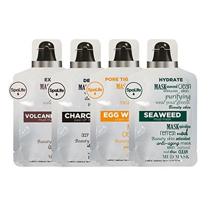 Spa Life Charcoal Egg White Volcanic Ash Seaweed Pore Tightening Detoxify Exfoliate Hydrate All Natural Restoring Mud, Peel Off, Cream Facial mask Assorted 4 Pack