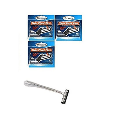 Trac II Chrome Handle + Personna Twin Pivot Plus Razor Cartridges w/ Lubricating Strip for Atra & Trac II Razors 10 ct. (Pack of 3) + FREE Scunci Black Roller Pins, 18 Pcs