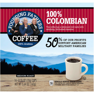 Founding Fathers Medium Roast Colombian 100% Arabica Coffee, 0.35 oz, 16 count