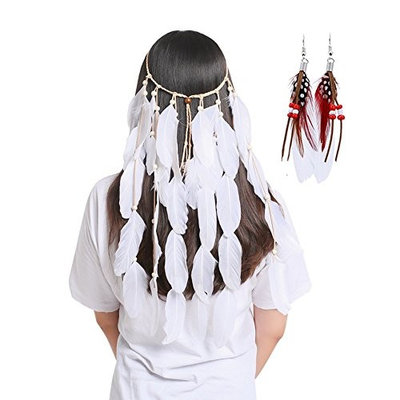 inSowni Indian Hippie Boho Feather Headband Headdress & Earrings Fascianator for Women Girls Bridal