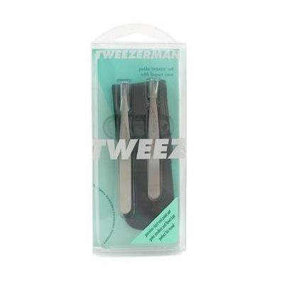 Petite Tweeze Set: Slant Tweezer + Point Tweezer - ( With Brown Leather Case ) 2pcs