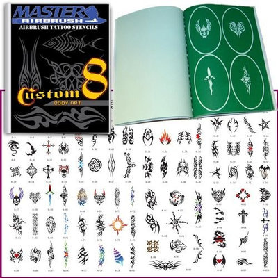 Master Airbrush® Brand Airbrush Tattoo Stencils Set Book #8 Reuseable Tattoo Template Set, Book Contains 100 Unique Stencil Designs, All Patterns Come on High Quality Vinyl Sheets with a Self Adhesive Backing.