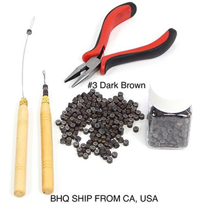 Hair Extension Remove Pliers + Pulling Hook + Bead Device Tool Kits + 500pcs Micro Rings (Dark Brown Beads)