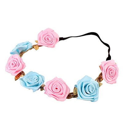 Frcolor Rose Flower Hair Wreath Floral Headband Headwear Girls Bridal Hair Accessories (Pink and Blue)