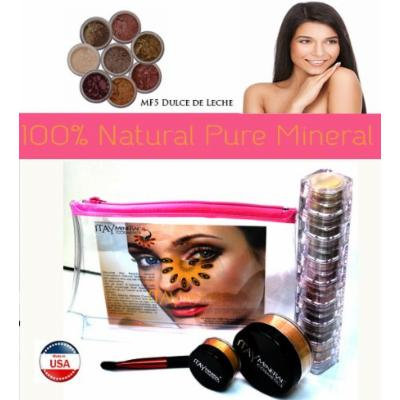 Itay Mineral Cosmetics 8 Stack Eye Shimmers in Nature Beauty+ Luminous, Glowing, Flawless Finish Full Size 9 Gram Foundation in MF6 Latte Macchiato+Eye Primer+Oval Eye Shimmer Brush+Airplane Travel Cosmetic Bag (Bundle of 5 Items)