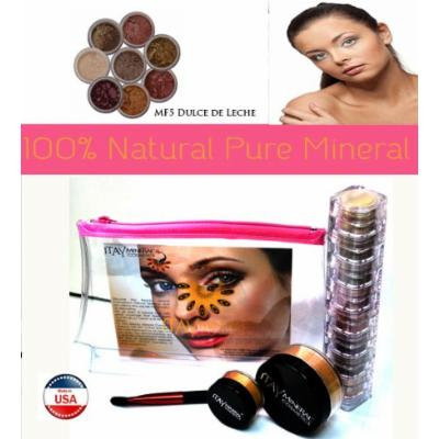 Itay Mineral Cosmetics 8 Stack Eye Shimmers in Nature Beauty+ Luminous, Glowing, Flawless Finish Full Size 9 Gram Foundation in MF5 Dulce de Leche+Eye Primer+Oval Eye Shimmer Brush+Airplane Travel Cosmetic Bag (Bundle of 5 Items)