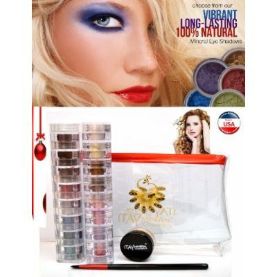 ITAY Mineral Cosmetic 2 x 8 Stack Eye Shimmers in OroLinda and Nature Beauty+Luminous, Glowing,Full Coverage Travel Size Foundation (2.5 Grams) in MF7 Italian Biscotti+Oval Eye Shimmer Brush+Clear Airplane Travel Cosmetic Bag(Bundle of 5 Items)