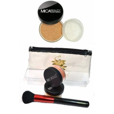 MicaBeauty Foundation 2x9 Gram MF10 Brown Points+Powder Brush+Travel Cosmetic Bag (Bundle of 4 Items)