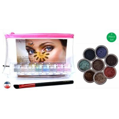 ITAY Mineral Cosmetics 8 Stack Eye Shimmers in RoseBelle+Angle Eye Shadow Brush+Clear Airplane Travel Cosmetic Bag(Bundle of 3 Items)