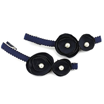 Silky Satin Floral Pearlescent Hair Clips - 2 Piece Set - Navy Blue