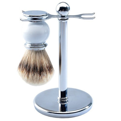 CSB Silvertip Badger Hair Shaving Brush and Luxury Chrome Stand Shaving Set, White Brush
