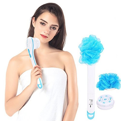 5 in 1 Electric Body Shower Cleansing Massager Brush, Long Handle Bathroom Bath Spa Massage Exfoliator Tool with 5 Replacement Brush Heads