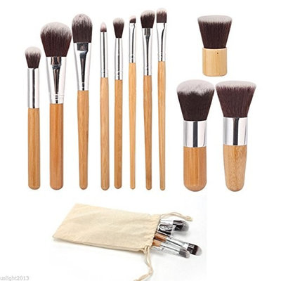 11 Piece Bamboo Handle Makeup Brushes Set Eyeshadow Cosmetics Tools Foundation Natural Beauty Palette Vanity Marvelous Popular Eyes Faced Colorful Rainbow Hair Highlights Glitter Girls Travel Kit