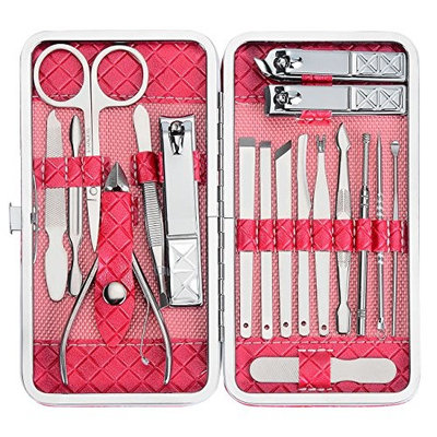 18PCS Manicure Set Professional Stainless Steel Pedicure Kit Nail Clipper Travel Scissors Grooming Kit with Leather Travel Case 18 in 1 by iWingate (Rose)