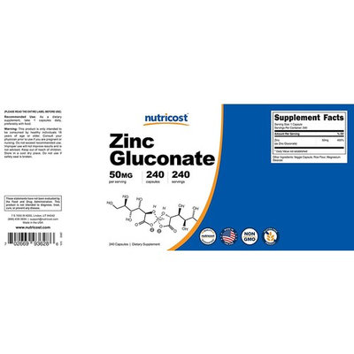 Nutricost Zinc Gluconate 240 Veggie Capsules (50mg) - Gluten Free and Non-GMO