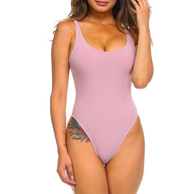 Womens Simple Sleeveless Lightweight Deep U Neck Thong Bodysuit J3513-S-Pink