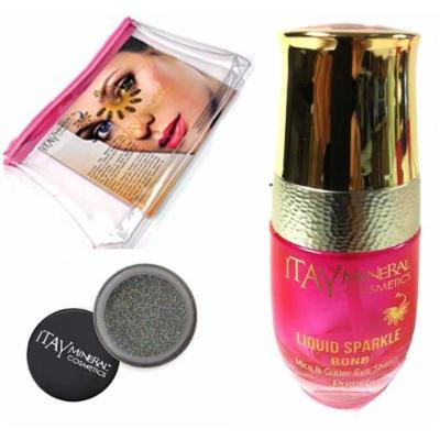 Itay Mineral Cosmetic Mica & Glitter Bond (New! Refillable Glass Bottle)+ Glitter Powder in Silver Sparkle G05+Cosmetic Bag (Bundle of 3 Items)