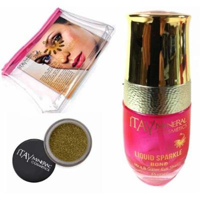 Itay Mineral Cosmetic Mica & Glitter Bond (New! Refillable Glass Bottle)+ Glitter Powder in Gold G06+Cosmetic Bag (Bundle of 3 Items)