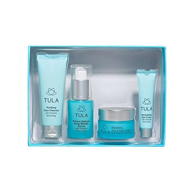 TULA Probiotic Skincare Anti-Aging Discovery Kit, 5 Travel-Size Products in Cosmetic Bag - Face Wash, Eye Serum, Face Serum, Treatment Pads, and Face Moisturizer