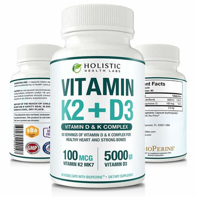 Max Absorption Vitamin K2 + D3 90 Veggie Capsules from MK-7 (Menaquinone-7) and Cholecalciferol (with BioPerine) – Healthy Heart and Strong Bones | Non-GMO, Soy-Free, Gluten-Free