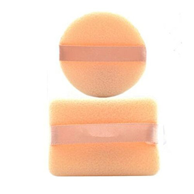 2PCS Beige Round And Square Shaped Soft Sponge Loose Powder Puff With Satin Ribbon Band For Makeup Cosmetic