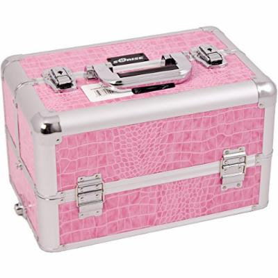 SUNRISE Makeup Professional Case E3305 Aluminum, 3 Tier Tray, Locking with Mirror, Brush Holder and Shoulder Strap, Pink Crocodile