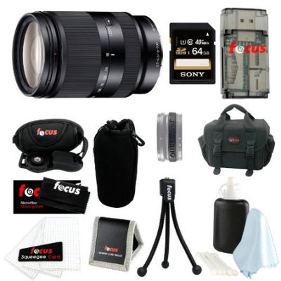 Sony SEL18200LE 18-200mm f/3.5-6.3 Zoom Lens Bundle with Sony 64GB SD Card + Deluxe SLR Bag + Lens Pouch + Accessory Kit