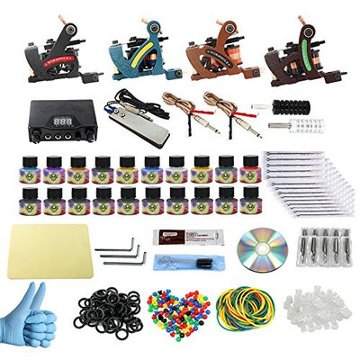 WORMHOLE TATTOO Complete Tattoo Kit 4 Tattoo Machine 20 Color Tattoo Inks 50 Tattoo Needles Power Supply CD012
