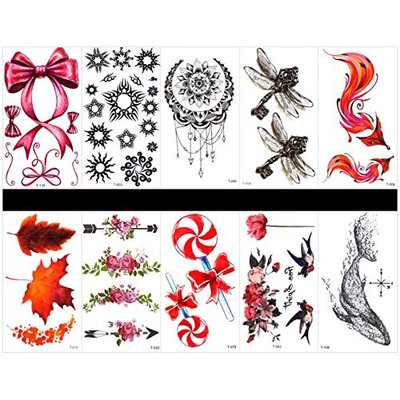 SPESTYLE 10pcs tattoo fox tattoos waterproof and non toxic real fake tattoos in 1 packages,including fox,leaves,rose,Lollipop,swallow,whale,butterfly bow,sun,jewelry,dragonfly,etc.