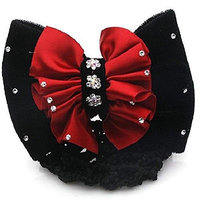 Lady Satin Bow Rhinestone Barrette Hair Clip Cover Net Bun Snood Bowknot lovely