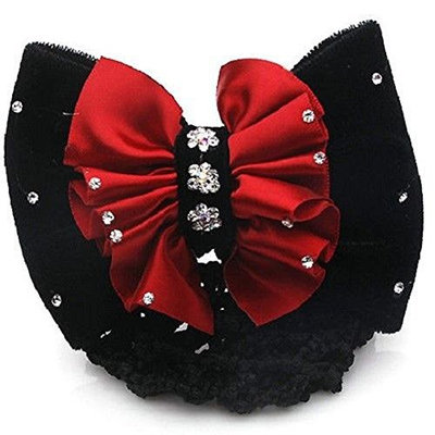 Lady Satin Bow Rhinestone Barrette Hair Clip Cover Net Bun Snood Bowknot lovely