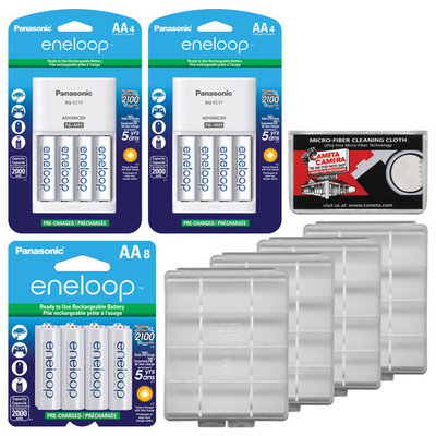 Panasonic eneloop (4) AA 2000mAh Pre-Charged NiMH Rechargeable Batteries & Charger + (8) Extra AA Batteries + (4) Battery Cases + Kit