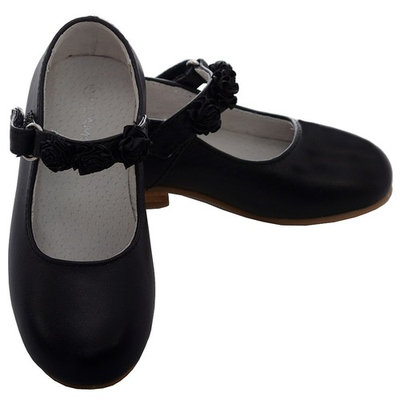 L'Amour Black Leather Flower Mary Jane Velcro Shoe Toddler Girl 7-10