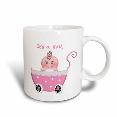 3dRose Cute Pink Polka dot Its a Girl Baby Buggy Stroller, Ceramic Mug, 15-ounce