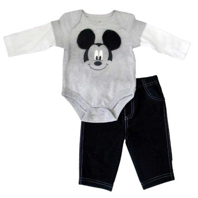 Fisher-price Disney Infant Boy 2 Piece Mickey Mouse Gray Long Sleeved Bodysuit Pants Set NB