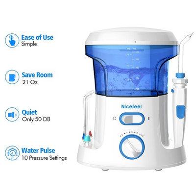 Nicefeel Electric Dental Water Flosser 600ml Capacity Quite Design(50db)Anti-leakage Professional Countertop Dental Oral Irrigator with 7 Multifunctional Tips for Adult and Kids